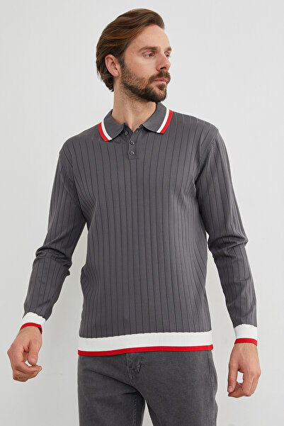 Fulla Moda Çizgili Fitilli Polo Yaka Triko Kazak
