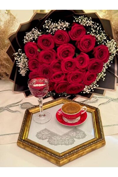 AuraStile 2'li Golden Sunumluk El Yapımı Dekoratif Kahve Çay Servis Sunum Tepsi (Dantel Hediyeli) HomeAura