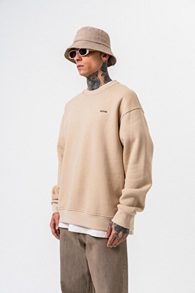 Respire Men's Basic Oversize Sweatshirt with Text Detail Beige