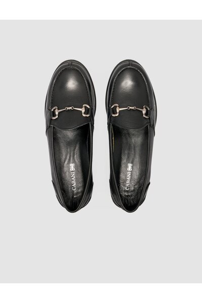 Cabani 100% Genuine Leather Black Women's Casual Shoes with Buckle Detail