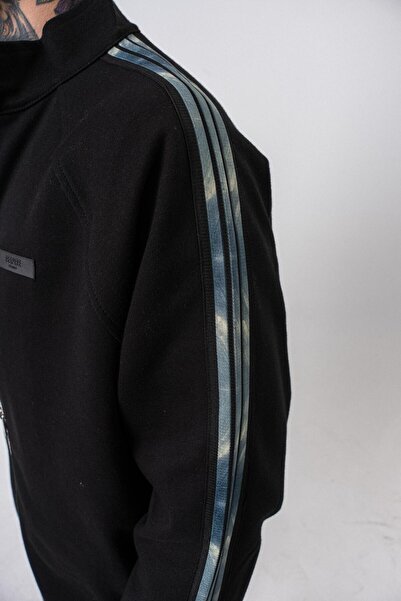 Respire Ανδρικό φούτερ με σκούρες ρίγες με λεπτομέρεια με όρθιο γιακά με διπλό φερμουάρ Oversize Μαύρο