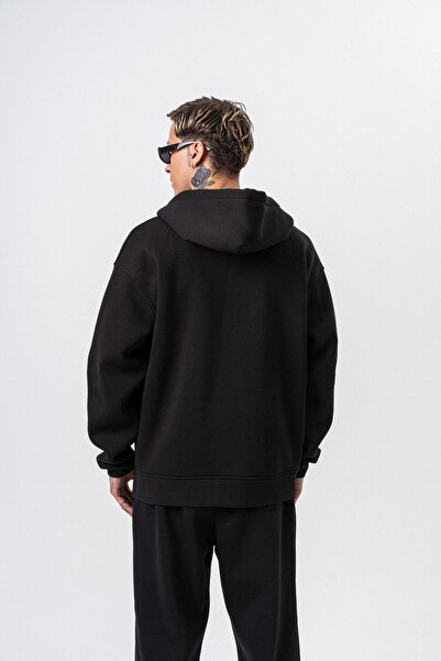 Respire Ανδρικό μπλουζάκι με κουκούλα με λεπτομέρεια κειμένου, βασικό με φερμουάρ, oversize, μαύρο