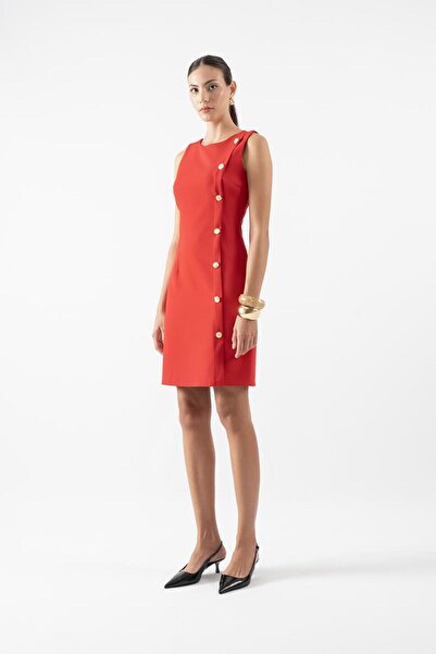 Spazio Reevers Yuvarlak Yaka Düğme Detaylı Elbise KIRMIZI