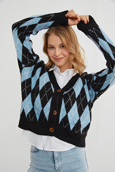 Fulla Moda Baklava Desenli Düğmeli Triko Hırka