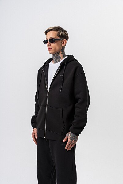 Respire Ανδρικό μπλουζάκι με κουκούλα με λεπτομέρεια κειμένου, βασικό με φερμουάρ, oversize, μαύρο