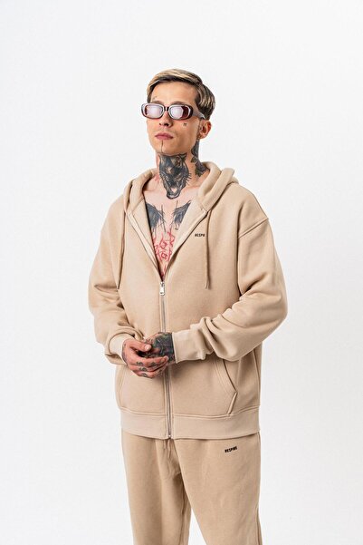 Respire Ανδρικό μπλουζάκι με κουκούλα με λεπτομέρεια με κείμενο, βασικό με φερμουάρ, oversize, μπεζ