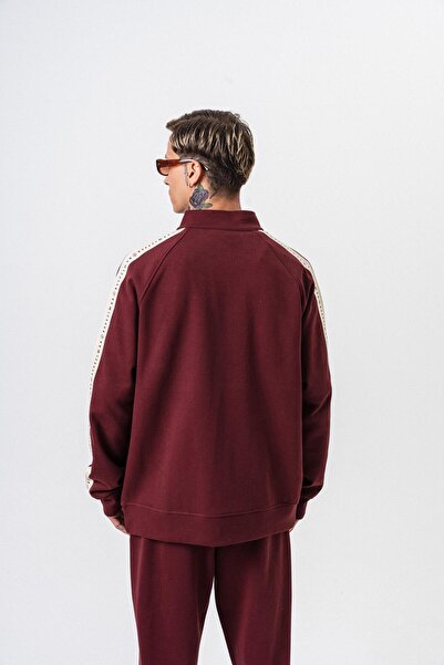 Respire Men's 7 Stripe Detailed Stand Collar Doubleface Zip Oversize Sweatshirt Claret Red