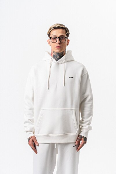 Respire Men's Text Detailed Hooded Basic Oversize Hoodie Ecru