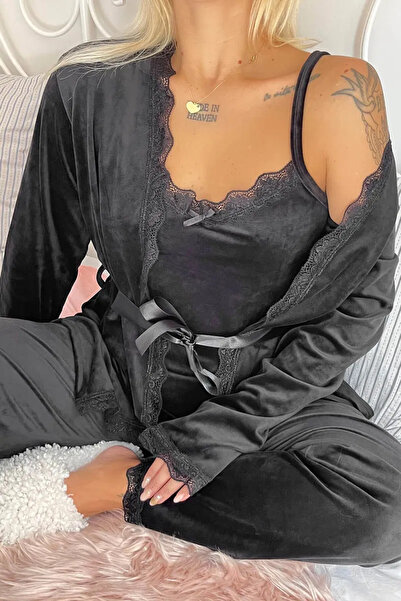 IZABEL Lingerie Set damă catifea neagră – maieu, pantaloni și halat elegant pentru casă
