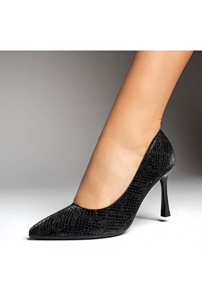 Modlet.ro Pantofi cu toc stiletto negri pentru femei, cu imprimeu MOD13700