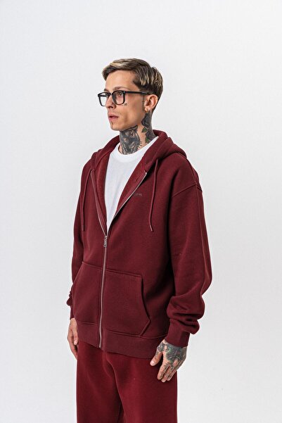 Respire Men's Text Detailed Hooded Basic Zip Oversize Hoodie Burgundy