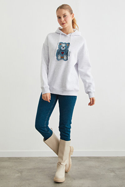 Fulla Moda 3 Thread Denim Teddy Bear Embroidered Oversize Hooded Sweatshirt