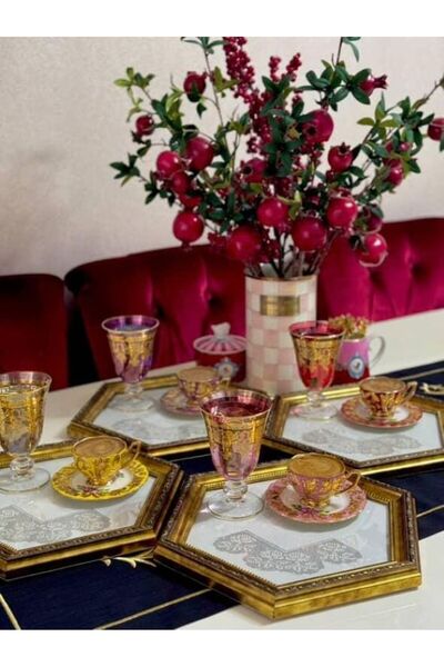 AuraStile 2'li Golden Sunumluk El Yapımı Dekoratif Kahve Çay Servis Sunum Tepsi (Dantel Hediyeli) HomeAura