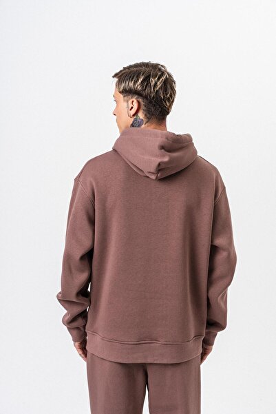 Respire Ανδρικό μπλουζάκι με κουκούλα με λεπτομέρεια κειμένου Basic Oversize Hoodie Kakao