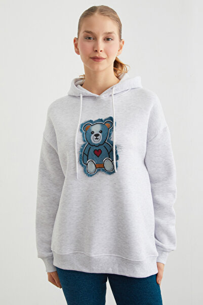 Fulla Moda 3 Thread Denim Teddy Bear Embroidered Oversize Hooded Sweatshirt