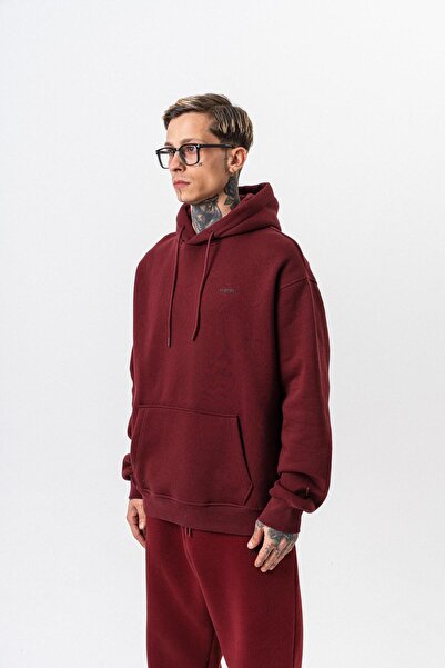 Respire Men's Text Detailed Hooded Basic Oversize Hoodie Burgundy