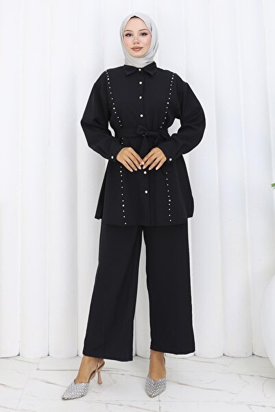 Modamihram Двукомпонентен комплект с колан, украсен с перли, черен 19265