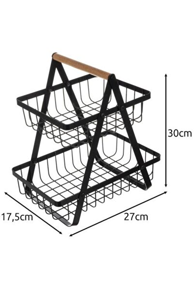 SMARTECH Cos pentru Fructe si Legume, cu doua etajere, din metal, maner din lemn, Negru