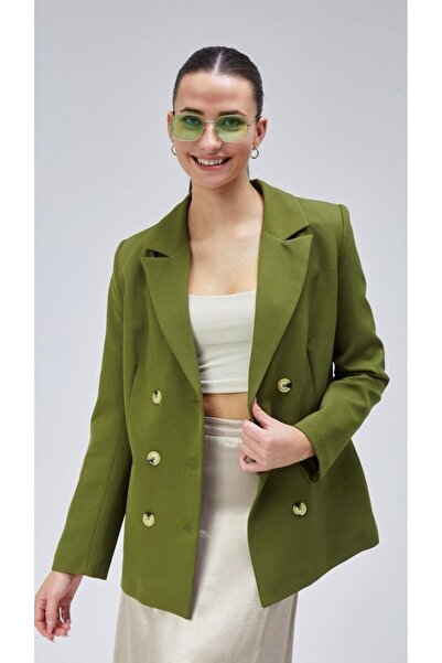 Thiff Green Oversize Lined Double-Breasted Blazer Women's Jacket