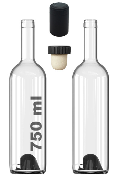 Afracam 750 ml Şeffaf Şarap Şişesi Doğal Mantar Tıpalı ve Siyah Kapüşonlu Dibi Çukur Cam Şişe 2 Adet