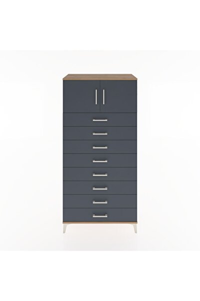 Dienni Hyperion Dolap Tek Raflı 8 Çekmeceli 2 Kapaklı 88x44x182 Çam-Antrasit
