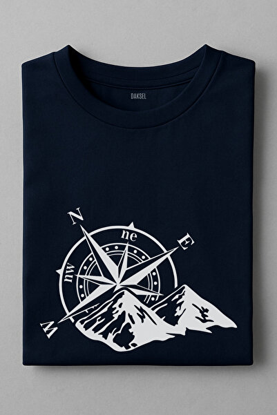 DK DAKSEL Синій колір Basic Gezgin Pusula з принтом Чоловіча футболка