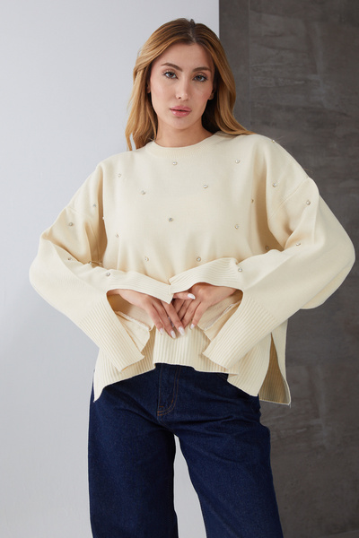 DPARİS Stone Detailed Knit Sweater with Slit Sleeves