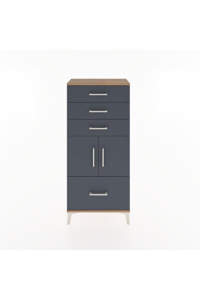 Dienni Hyperion Dolap Tek Raflı 4 Çekmeceli 2 Kapaklı 60x44x134 Çam-Antrasit