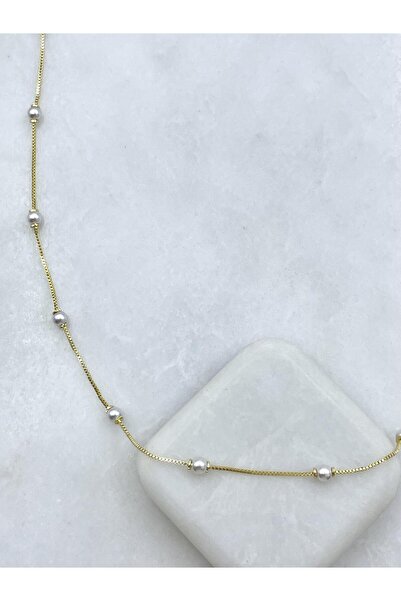 Seda Bijuteri Altın Kaplama İncili Zincir Kolye 55 cm Gold