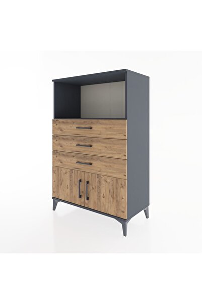Dienni Hyperion Dolap Tek Raflı 3 Çekmeceli 2 Kapaklı 88x44x134 Antrasit-Çam