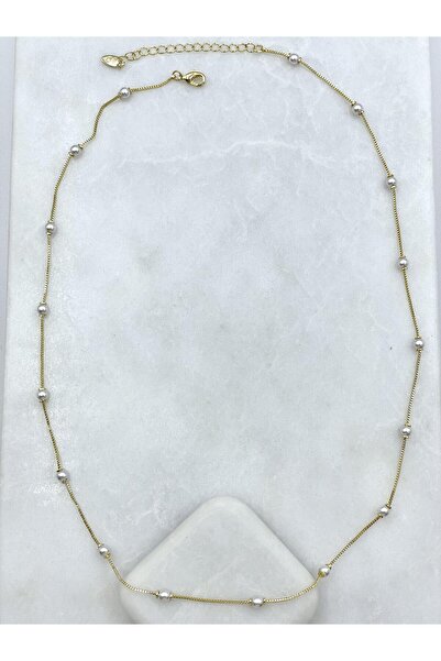 Seda Bijuteri Altın Kaplama İncili Zincir Kolye 55 cm Gold