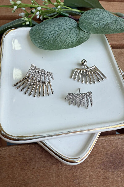 AURA ATELIER Steel Earrings with Arrow Detail and Stone on the Top Part, Silver