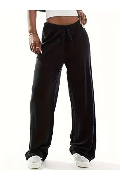 LOSSİA Γυναικείο μαύρο φαρδύ παντελόνι φόρμας μεγάλου μεγέθους, υψηλής ποιότη...
