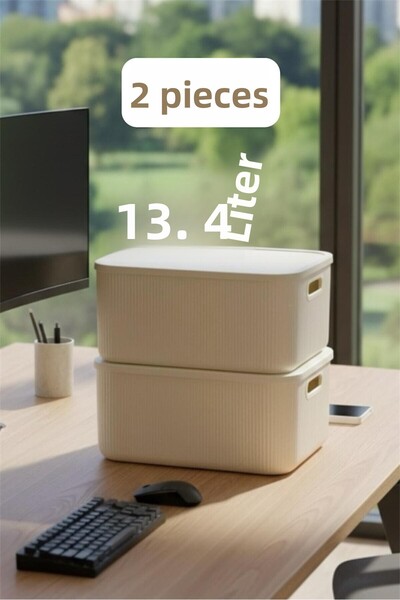 Bayev 2 Pieces Colors Cream 13 Lt Office Cabinet Organizer Hobby Toy Storage Box with Lid