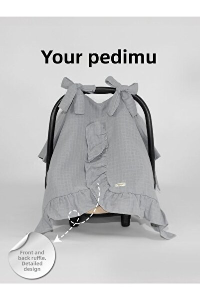 Pedimu Muslin Gray Color Ruffle Detailed Stroller Cover and Stroller Cushion Set
