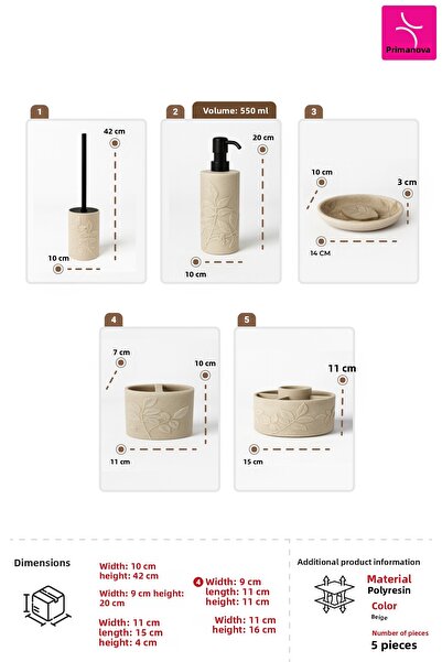Prima Nova Leaf Bathroom Set 5 Pieces - Beige