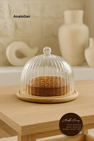 Anadolu Saray 19cm Bamboo Wooden Base Glass Lid Cake & Pastry Presentation Holder Bell Jar Serving Presentation Holder