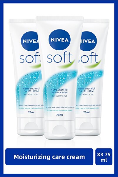 NIVEA Soft Moisturizing Care Cream 75ml, Jojoba Oil, Vitamin E, Face Body Hand, Soft Skin, X3 Pieces