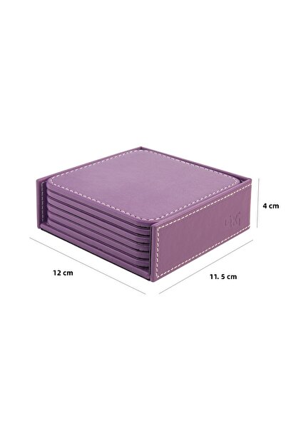 2K Coasters, Set of 6, Desktop Square Cup Coaster, Vegan Faux Leather, 11X11 Cm., Lilac