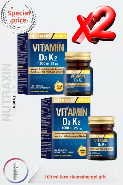 Nutraxin Vitamin D3 K2 1000 Iu 25 Mcg 120 Tablets (2 Pcs) + 100 ml Facial Cleansing Gel Gift