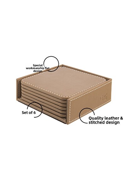 2K Coasters, Set of 6, Desktop Square Cup Coaster, Vegan Faux Leather, 11X11 Cm., Mink