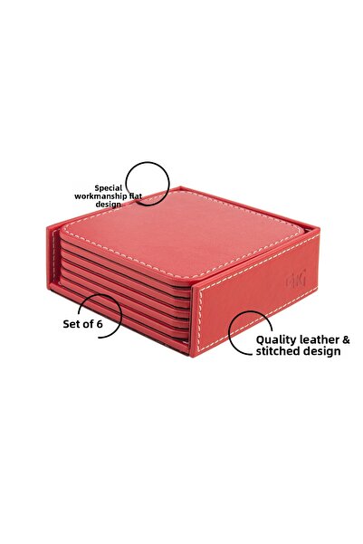 2K Coasters, Set of 6, Desktop Square Cup Coaster, Vegan Faux Leather, 11X11 Cm., Red