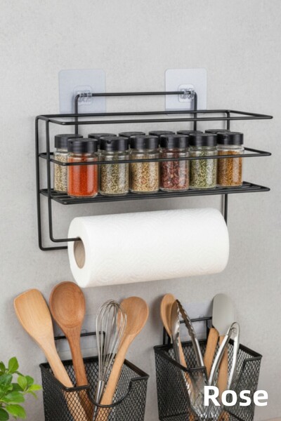GÜLZE Strong Adhesive Shelf Paper Roll Towel Holder-Napkin Holder (Stainless Metal- Matte Black Organizer Shelf)