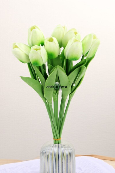 Yapay Çiçek Deposu Artificial 8-Piece Wet Tulip Bouquet Real Texture Green - White