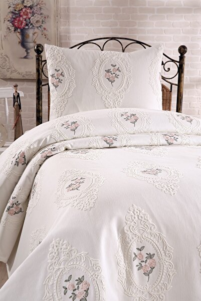 Çeyiz Diyarı Gardenlove Embroidered Chenille 2-Piece Single Bedspread Cream