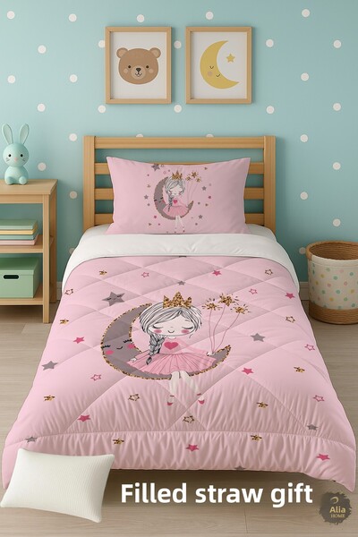 Talia Home طقم لحاف نوم للأطفال من فتاة تجلس على القمر الوردي