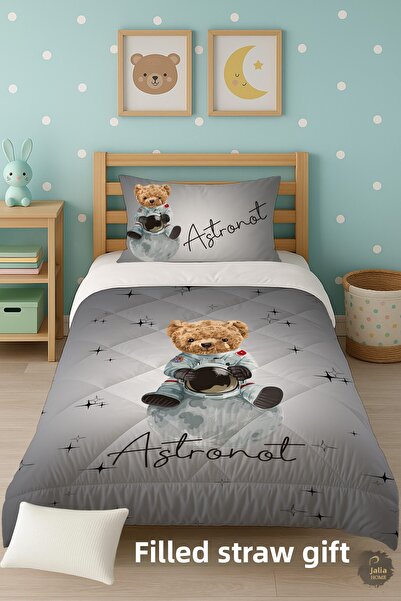 Talia Home Cute Astronaut Bear Patterned Single Children's Quilt Sleeping Set