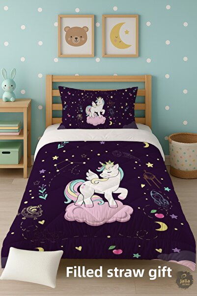 Talia Home Purple Unicorn Patterned Single Children's Quilt Sleeping Set Tlag-078