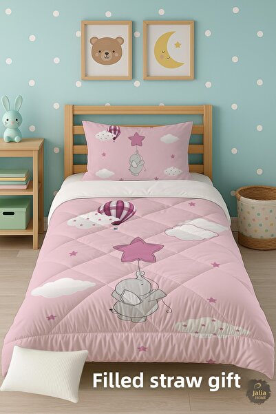 Talia Home Pink Star Holding Elephant Patterned Single Children's Quilt Sleeping Set Tlag-075