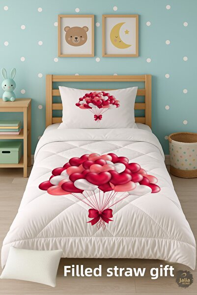 Talia Home Cuddle-Friendly Heart Patterned Single Children's Quilt Sleeping Set Tlag-158